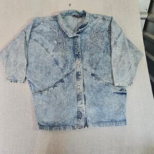 Vintage 80s Cherry Acid Wash Denim Jacket Womens L USA Floral